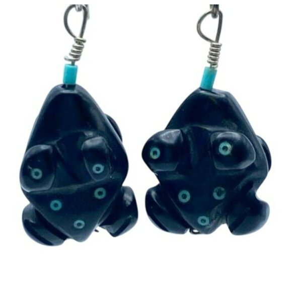 Vintage Native American Zuni Jet Turquoise Sterling Frog Fetish Earrings 1 1/2" - Picture 2 of 6